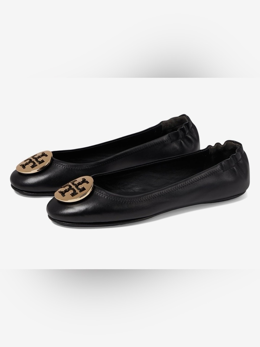 Tory Burch Black Leather Ballet Flats with Gold Logo Medallion